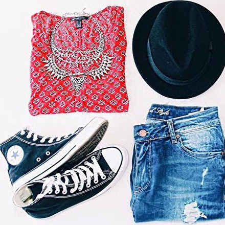 Statement Necklace, Hats, High-Cut Shoes, Jeans