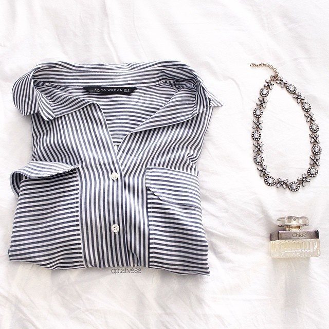 Statement Necklace with Stripe Collared Shirt