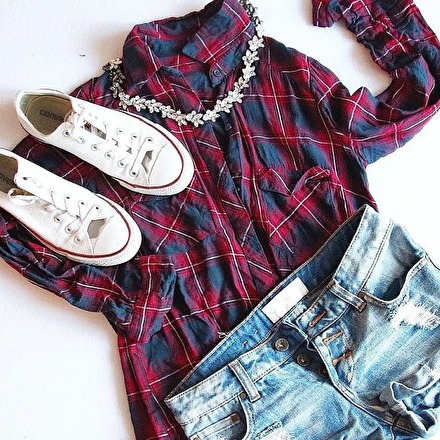 Clear Statement Necklace with Checkered Shirt, Denim Short and White Shoes