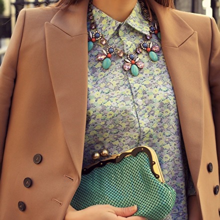 Statement Necklace with Patterned Collared Shirt and Blazer