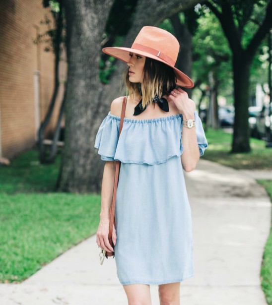 Bandana choker, street style, off the shoulder dress, fedora hat