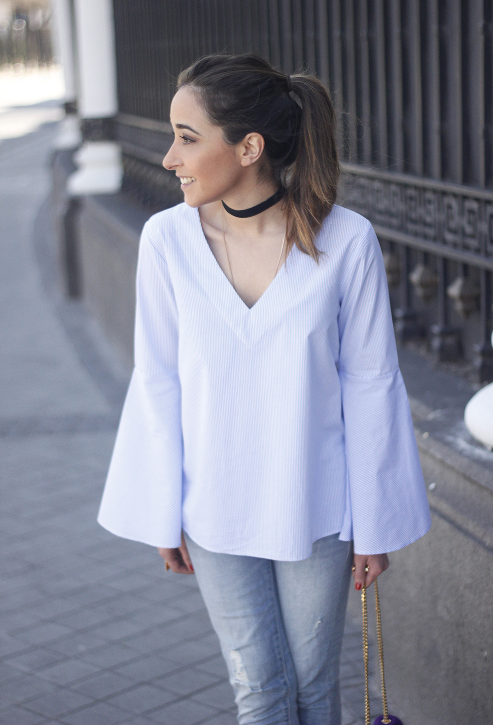 Layered choker, street style, striped blouse with bell sleeves