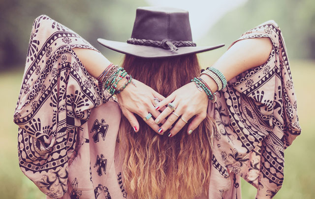 Fedora hat, boho jewelry, kimono