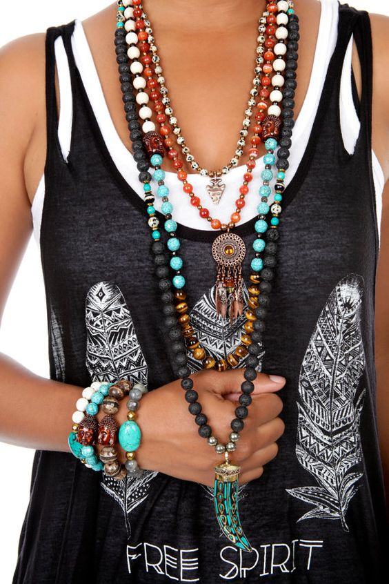 Beaded necklace with charms, boho looks