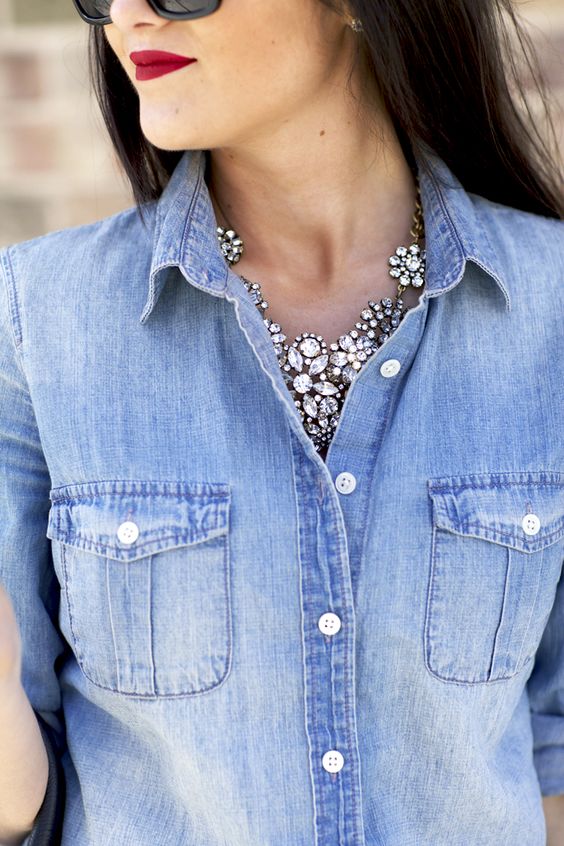 Statement necklaces, blue collared shirts