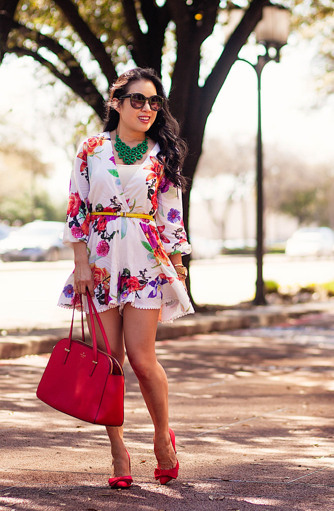 Colorful cute necklaces, spring outfit, street style, floral romper