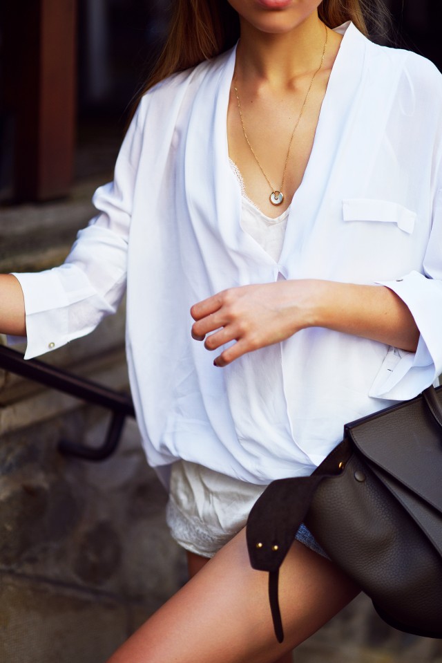 Pendant necklace, dainty necklace, white long sleeve top