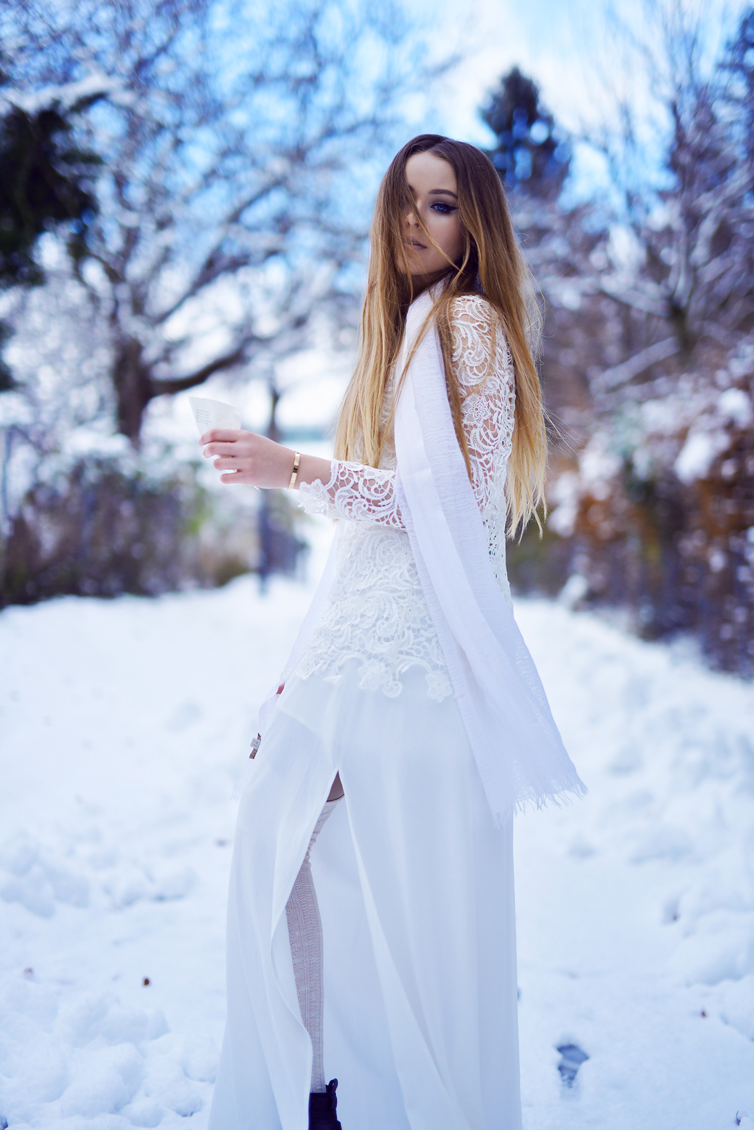 Minimalist bracelets, fashionista, white lace dress