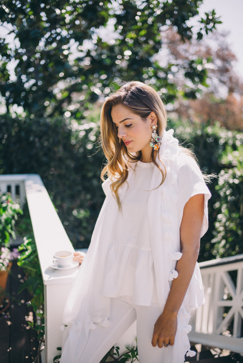 Pastel earring, all white outfit