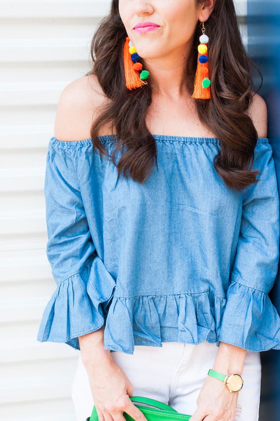 Off shoulder top, colorful tassel earrings, statement earrings