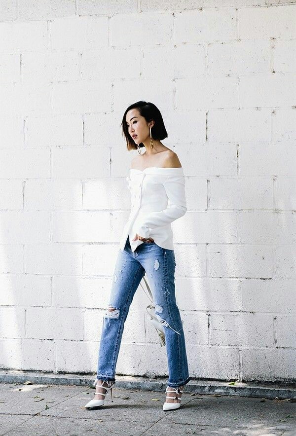 Delicate drop earrings, Off shoulder white top, ripped jeans