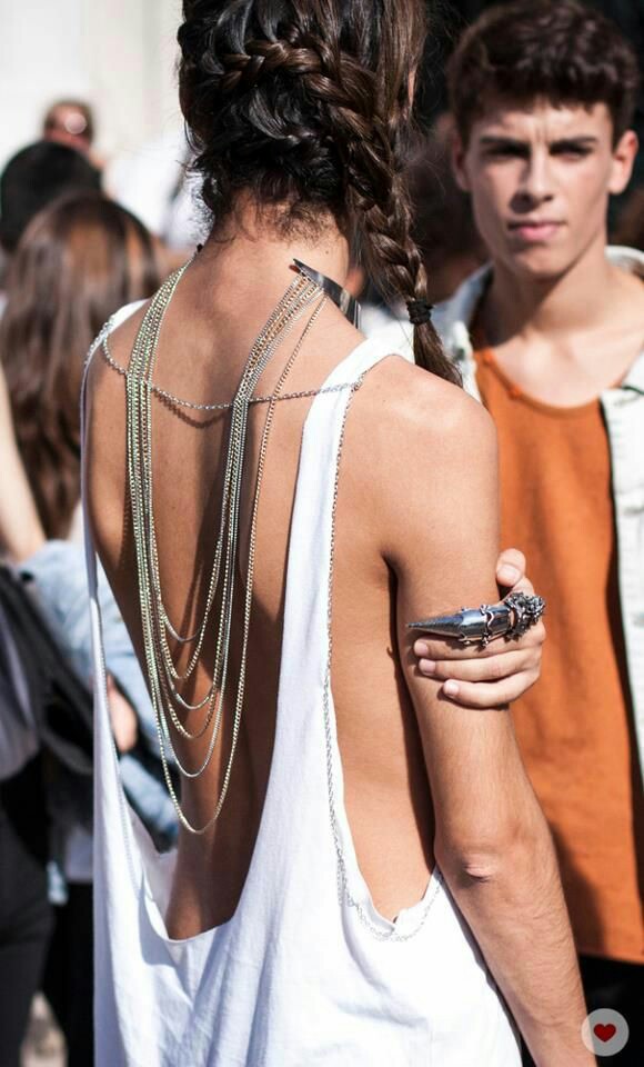 Stack of long layered necklaces, Open backs