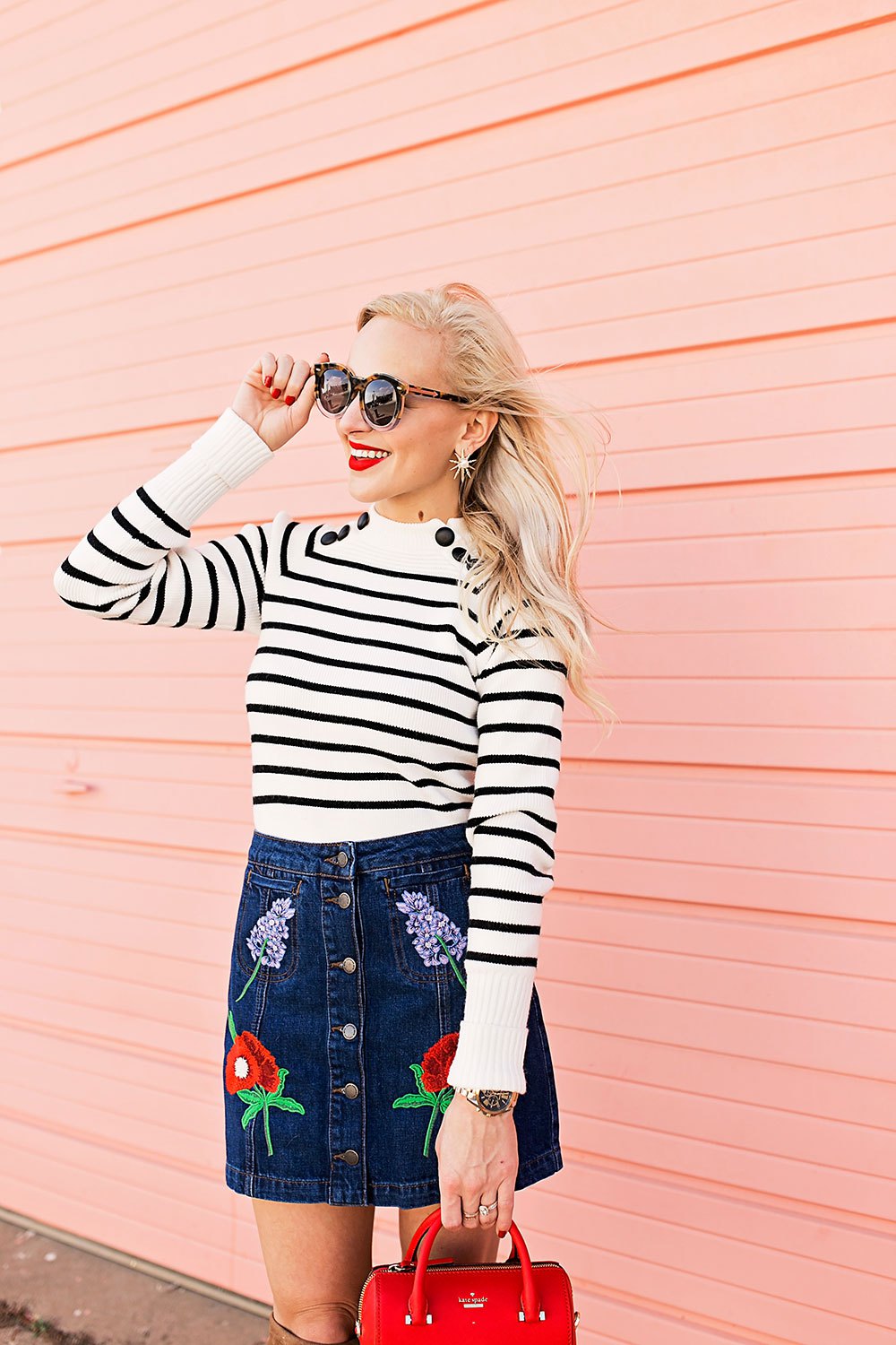 Big stud earrings, casual outfit, striped sweater, mini skirt