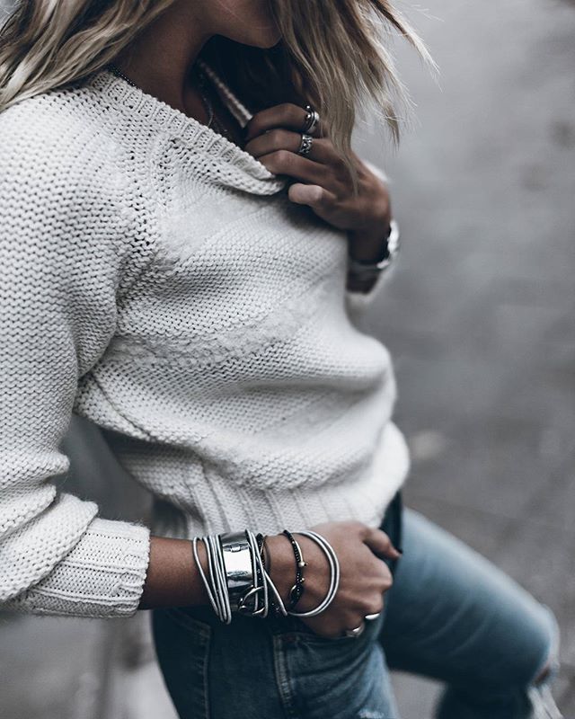 Stack bracelets and comfy sweater