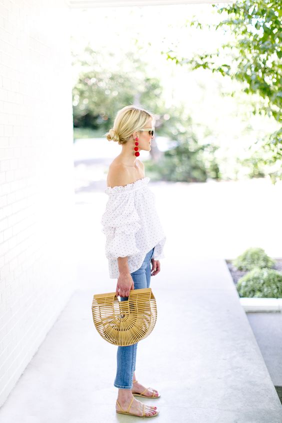 Long earrings, street style, off shoulder top with jeans